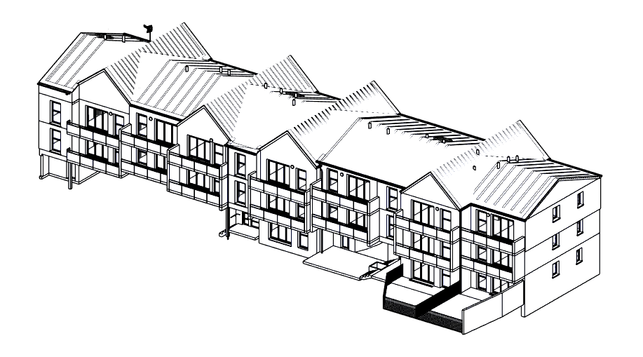 Maquette BIM d'une bande de logements en R+2