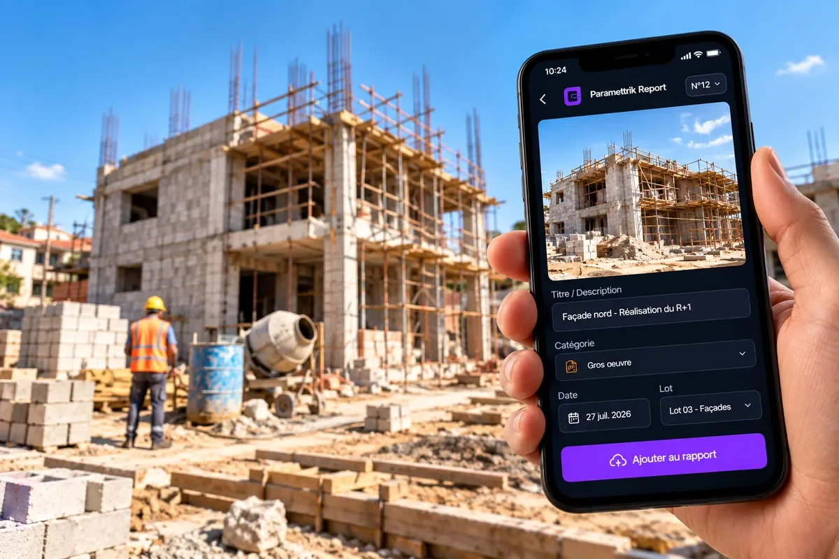 Paramettrik Report sur un téléphone, devant un chantier en cours