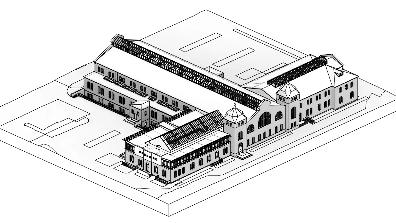 Ensemble de halles anciennes à verrières — maquette BIM