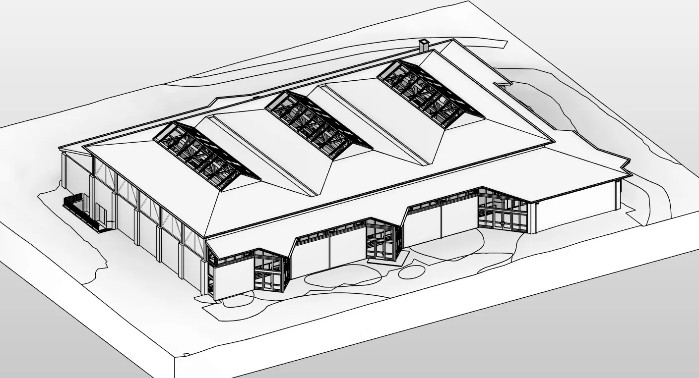 Bâtiment de plain-pied à sheds vitrés — maquette BIM